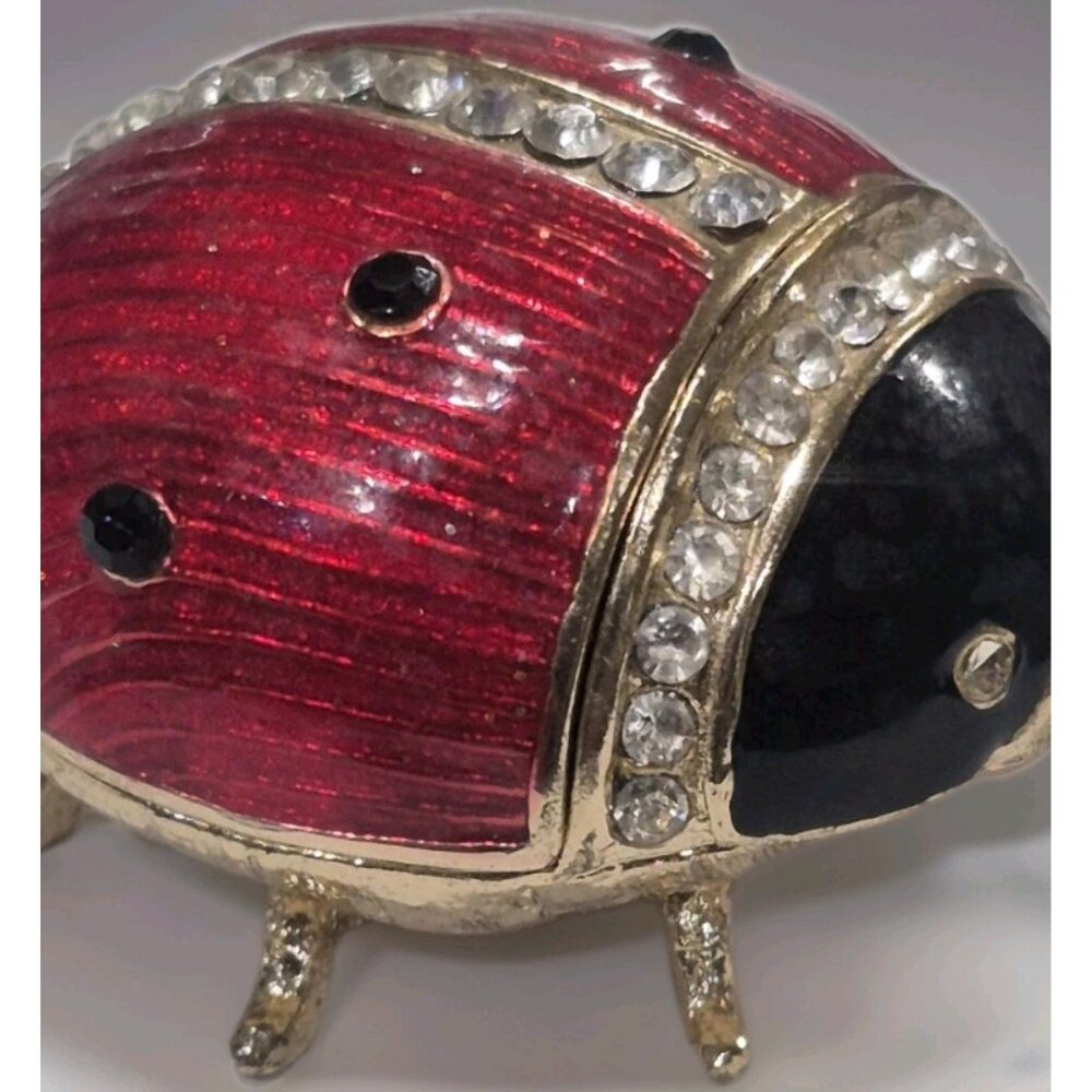 Vtg Cloisonne Trinket Box Ladybug Enamel Crystal Red Black Gold - Picture 2 of 7